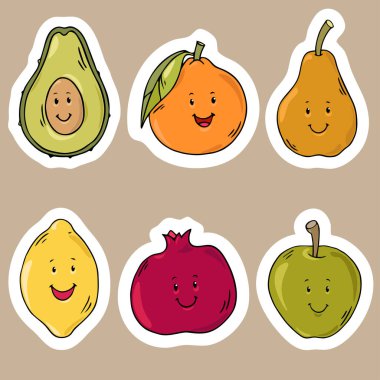 Sevimli renkli gülen yaz meyveleri: avokado, armut, nar, limon, elma ve portakal. Mutlu meyve ve sebze çizgi film karakterleri konsepti.