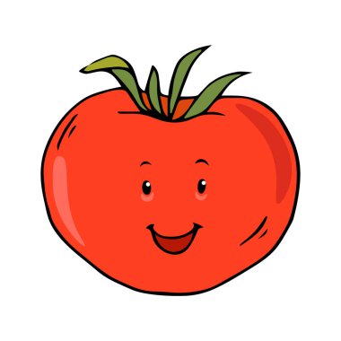 Sevimli renkli el, beyaz arka planda izole edilmiş siyah çizgi film karakteri domates çizimi çizmiş. Mutlu çocuksu karalama meyve ve sebze konsepti.  