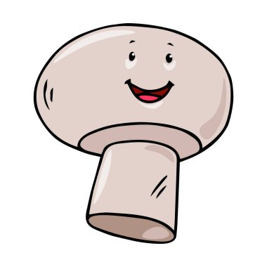 Beyaz arka planda izole edilmiş sevimli renkli el çizimi siyah çizgi karakter mantar vektör çizimi. Mutlu çocuksu karalama meyve ve sebze konsepti.  