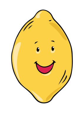 Beyaz arka planda izole edilmiş şirin renkli el çizimi, gülümseyen çizgi film karakteri limon vektör çizimi. Mutlu çocuksu karalama meyve ve sebze konsepti.  