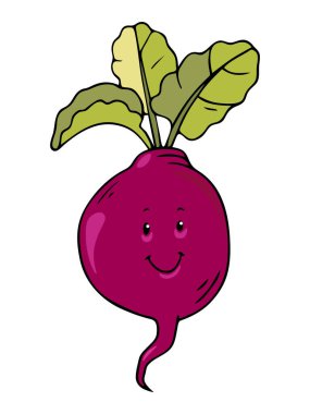 Beyaz arka planda izole edilmiş sevimli renkli el çizimi, gülen karikatür karakteri pancar vektör çizimi. Mutlu çocuksu karalama meyve ve sebze konsepti.  