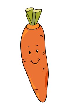 Sevimli renkli el çizimi, beyaz arka planda izole edilmiş, gülümseyen çizgi film karakteri turuncu havuç vektör çizimi. Mutlu çocuksu karalama meyve ve sebze konsepti.  