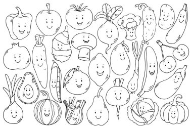 Beyaz arka planda izole edilmiş sevimli siyah çizgili vejetaryen karalama koleksiyonu. Mutlu meyve ve sebze çizgi film karakterleri konsepti.