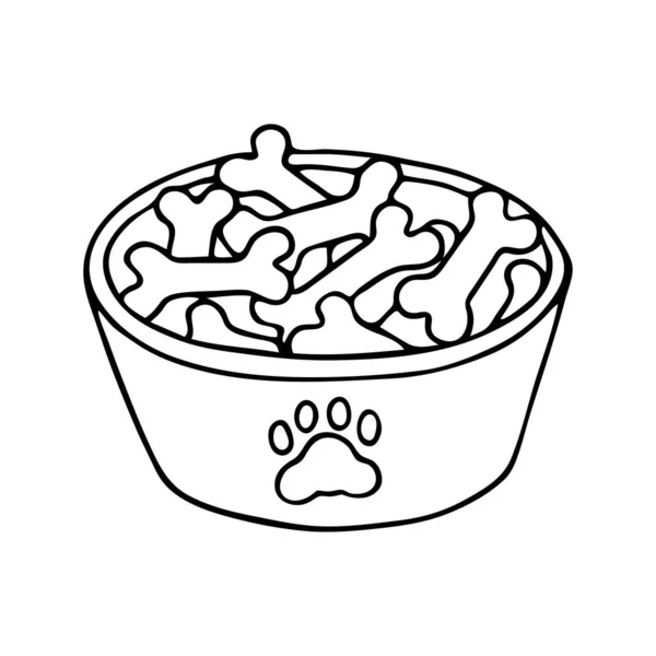 Black Outline Cartoon Hand Drawn Dog Full Feed Bowl Vector — Stock Vector