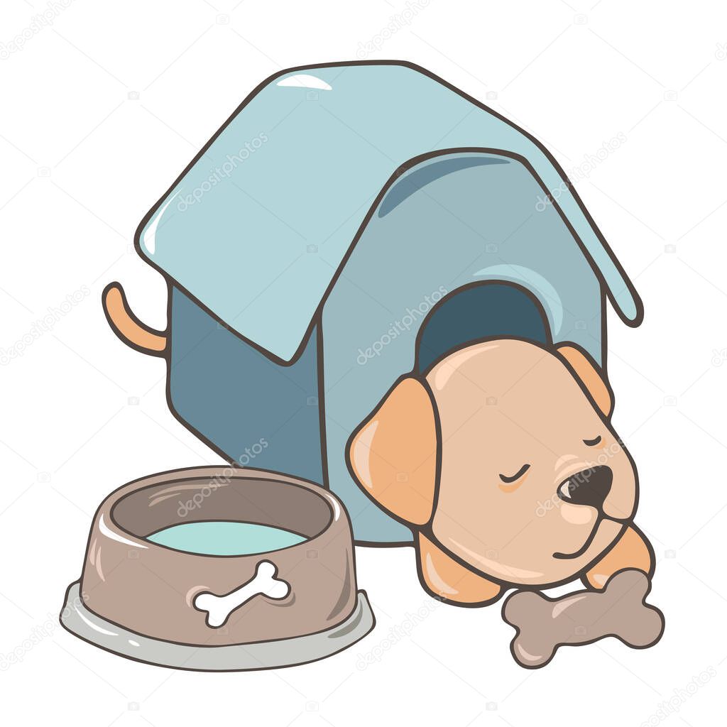 Colorful black outline cartoon hand drawn slipping puppy with a bowl and bone vector illustration isolated on a white background. House pet stuff concept.