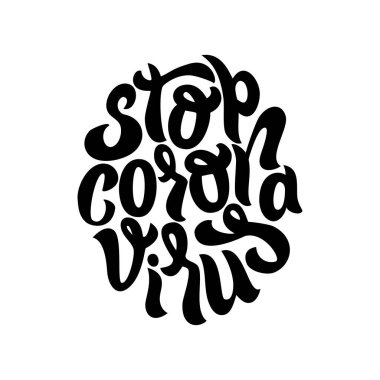Corona virüsünü durdur - el yazısıyla yazılmış siyah ana hatlı retro vektör çizimi. Grafik tasarım, tipografi, duvar sanatı, tekstil, tişört tasarımı için şablon ve karantina temalı bir tıp ve karantina yazısında ilham verici bir şey..