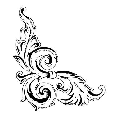 El çizimi siyah çizimi Barok klasik çiçek elementi. Beyaz arka planda siyah-beyaz Victoria çerçeve sınır süsleme vektör çizimi izole edilmiş. Filigran dekoratif dövme tasarımı.