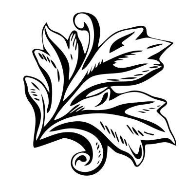 El çizimi siyah çizimi Barok klasik çiçek elementi. Beyaz arka planda siyah-beyaz Victoria çerçeve sınır süsleme vektör çizimi izole edilmiş. Filigran dekoratif dövme tasarımı.