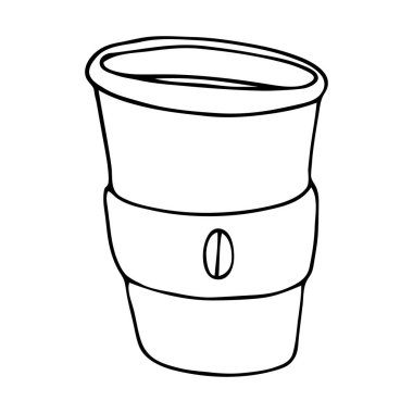 Elle çizilmiş siyah çizgi çizilmiş kahve fincanı vektör illüstrasyonu beyaz arka planda izole edilmiş. Sevimli klasik yiyecek ve içecekler, kafe malzemeleri ve kahve ekipmanları konsepti..