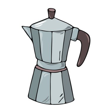 El çizimi renkli siyah çizgili kahve makinesi çizimi, beyaz bir zemine izole edilmiş. Sevimli klasik yiyecek ve içecekler, kafe malzemeleri ve kahve ekipmanları konsepti..