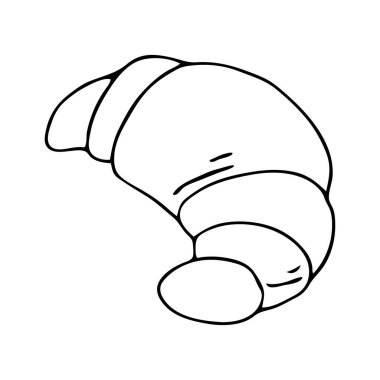 El çizimi siyah çizgili kruvasan vektör çizimi beyaz bir zeminde izole edilmiş. Sevimli klasik yiyecek ve içecekler, kafe malzemeleri ve kahve ekipmanları konsepti..