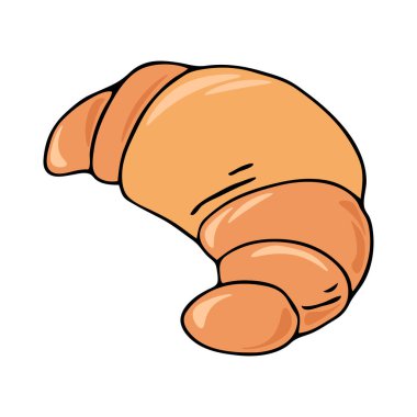 El çizimi renkli siyah çizgili kruvasan vektör çizimi beyaz bir zeminde izole edilmiş. Sevimli klasik yiyecek ve içecekler, kafe malzemeleri ve kahve ekipmanları konsepti..