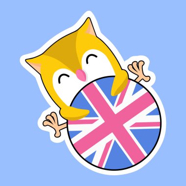 İngiliz bayrak topu düz vektör illüstrasyonlu şirin renkli küçük baykuş. Anaokulu ve okul İngilizce öğrenen orijinal karakter.