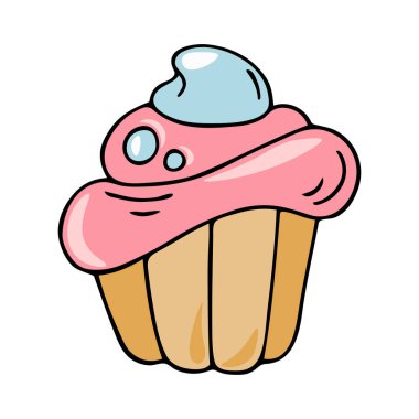 Sevimli el çizimi siyah çizgili kek karalama çıkartması. Renkli yemek ve içecekler vektör çizimi. Grafik tasarımı, tipografi, kırtasiye, dekorasyon, tekstil ürünleri için güzel bir çocuksu simge.