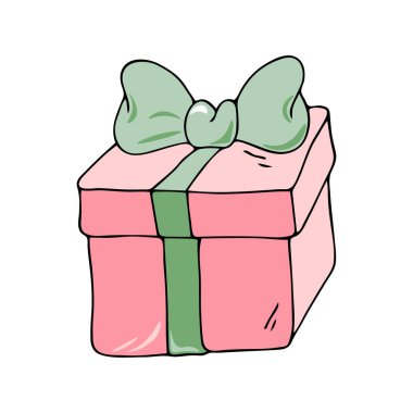 Beyaz arka planda izole edilmiş siyah şeritli şirin bir el çizimi mevcut kutu. Renkli hediye vektör çizimi.