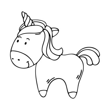 Beyaz arka planda izole edilmiş siyah çizilmiş şirin bir el tek boynuzlu at çizimi. Grafik tasarımı, tipografi, kırtasiye, dekorasyon, tekstil ürünleri için güzel, çocuksu bir midilli..
