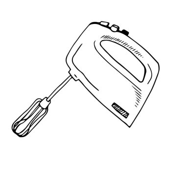 El çizimi siyah çizgi film mikseri, mikser aygıtı şablonu. Beyaz arkaplanda siyah beyaz karalama ev aletleri vektör illüstrasyonuName.