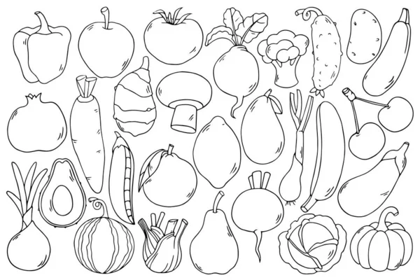 Carino Disegnato Mano Contorno Nero Bambinifrutta Verdure Modelli Schema Doodle — Vettoriale Stock