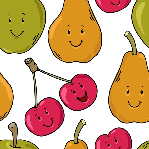 可愛いカラフルな黒の輪郭の笑顔の梨のチェリーアップルのシームレスなパターン白い背景に ハッピーフルーツと野菜の漫画のキャラクターコンセプト ベクターグラフィックス