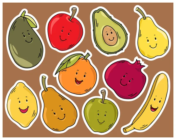 かわいい手描きカラフルな笑顔子供っぽいフルーツステッカーコレクション アップル マンゴー アボカド オレンジ バナナ レモン ガーネットベクトルのイラスト ストックイラスト