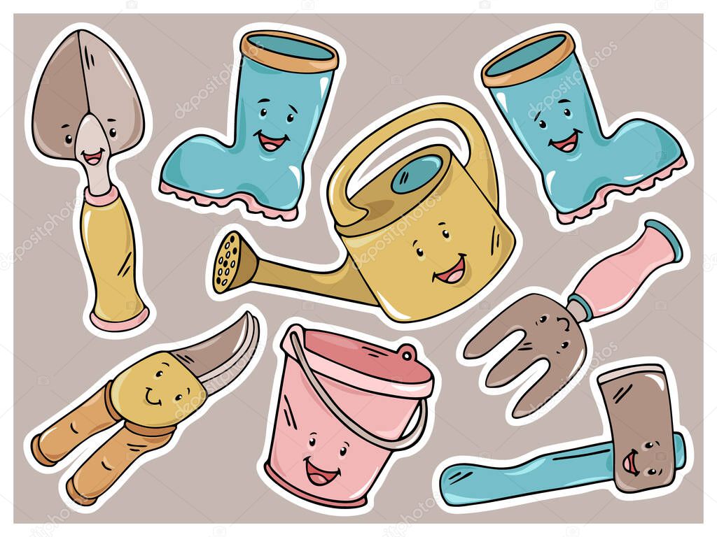 Cute hand drawn accessories, gadgets, agricultural devices, instruments and tools for farming and gardening. Colorful sticker set. Doodle outline farm stuff vector illustration for graphic design. Watering can, rubber boots, secateurs, ax...