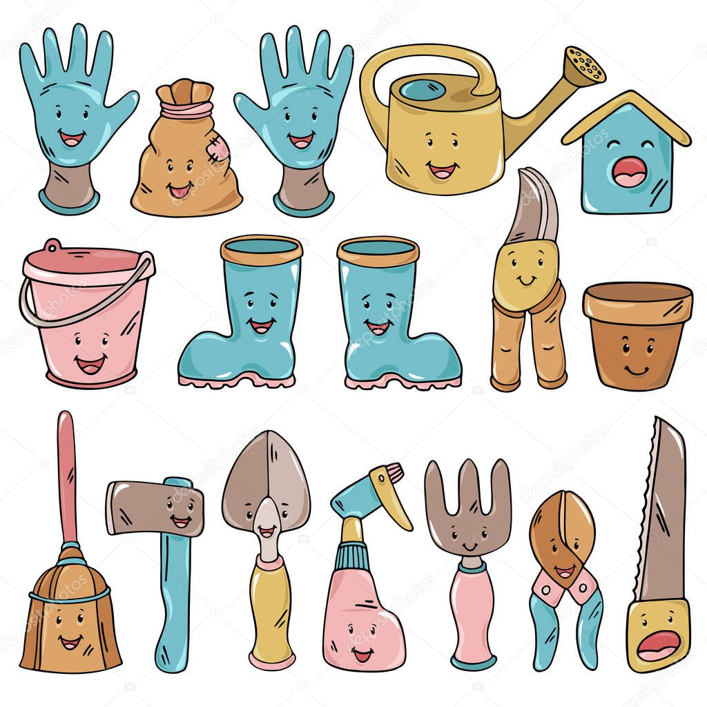 Cute hand drawn colorful accessories, gadgets, egricultural devices, instruments and tools  for farming and gardening. Big sticker set. Doodle outline farm stuff vector illustration for graphic design.