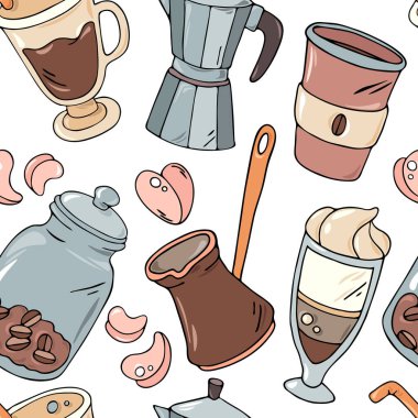 Şirin bir el çizimi, renkli kafe, restoran, fırın, kahve dükkanı aksesuarları, kusursuz desenler. Çizgi filmlerdeki çocuksu mutlu karalama sanatı çizimleri beyaz arka planda. Güzel kafe duvar kâğıdı.