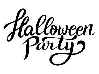 Cadılar Bayramı partisi - grafik tasarımı için kaligrafik siyah ana hatlı vektör şablonu. Cadılar Bayramı kutlaması, kartpostal, parti davetiyesi, çıkartma, afiş, reklam, görsel içerik için orijinal el yazısı.