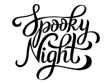 Ürkütücü bir gece. Grafik tasarımı için kaligrafik siyah ana hatlı vektör şablonu. Cadılar Bayramı kutlaması, kartpostal, parti davetiyesi, çıkartma, afiş, reklam, görsel içerik için orijinal el yazısı.