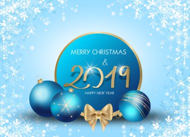 Güzel mavi Noel arka plan resmi Noel ampuller ile dekore edilmiş yıl 2019