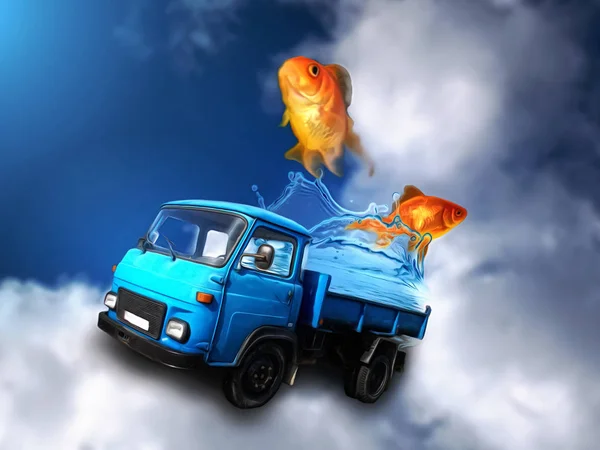 蓝色汽车的例证与水和金鱼乘坐在白云上 — 图库照片