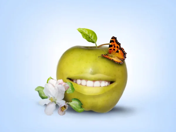 Photo manipulation of smiling green apple decorated with butterfly