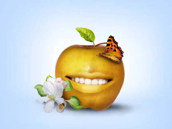 Photo manipulation of smiling yellow apple decorated with butterfly