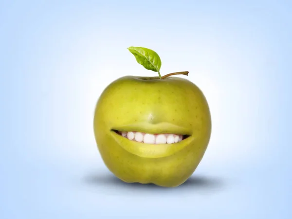 Photo Manipulation Smiling Green Apple Light Blue Background — Stock Photo, Image