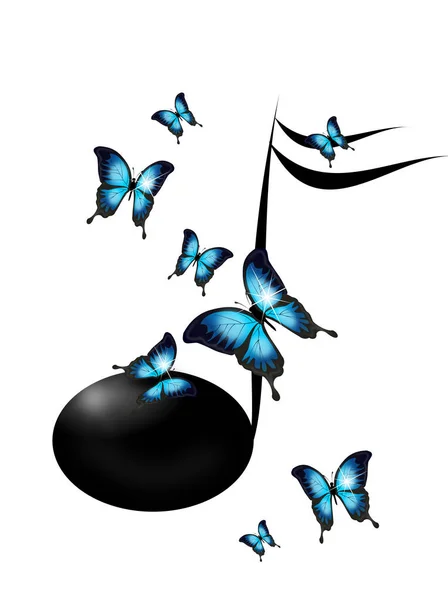 Иллюстрация Черной Ноты Украшенной Голубыми Бабочками — стоковое фото