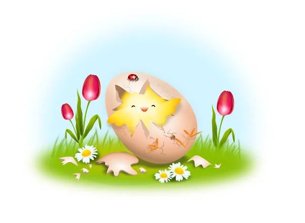 Illustration Happy Easter Egg Small Chicken Grass Flowers — Stock Photo, Image