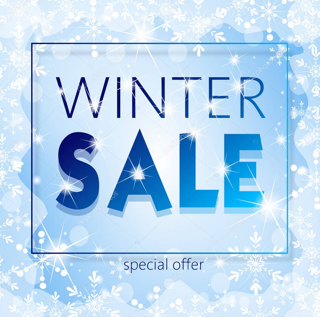Web banner to winter sale with blue frozen background