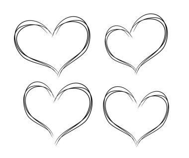 Beyaz arkaplandaki dört kalbin siyah hatları.