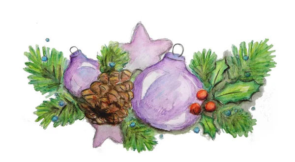 Illustration Der Aquarellmalerei Weihnachtszwiebel Und Nadeln — Stockfoto