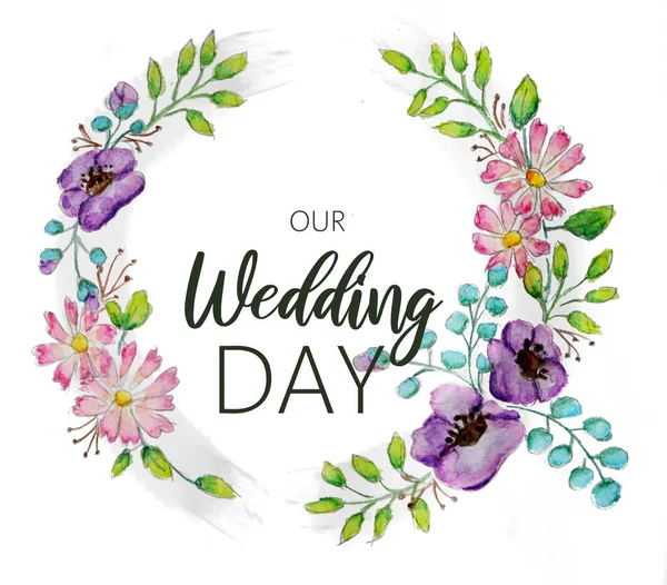 Illustration Des Etiketts Zum Hochzeitstag Mit Floralem Kreis — Stockfoto