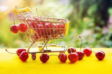 mini shoppingcart with red ripe cherries on green background clipart