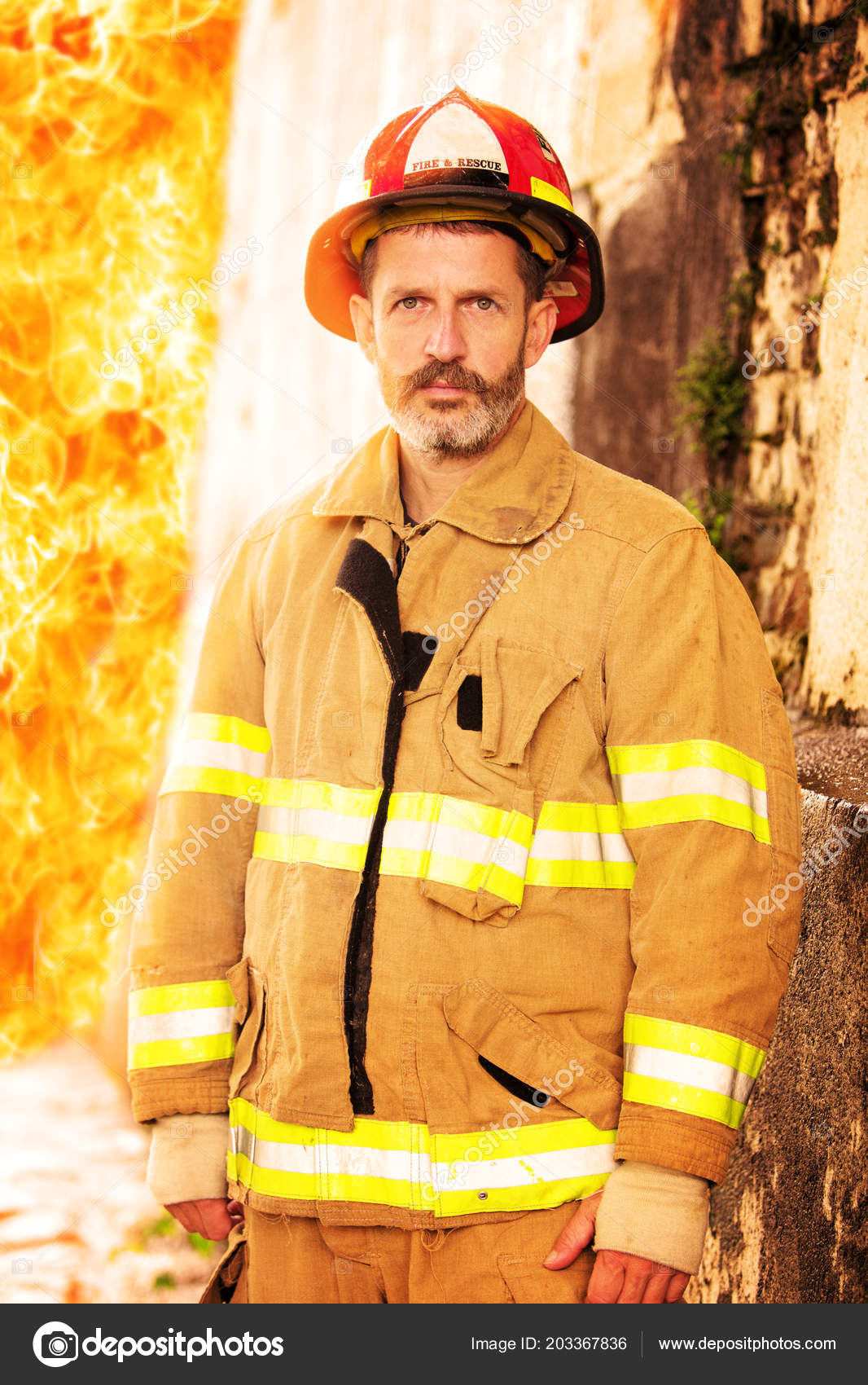 Portrait Handsome Fireman Uniform Standing Front Wall Fire — Stock