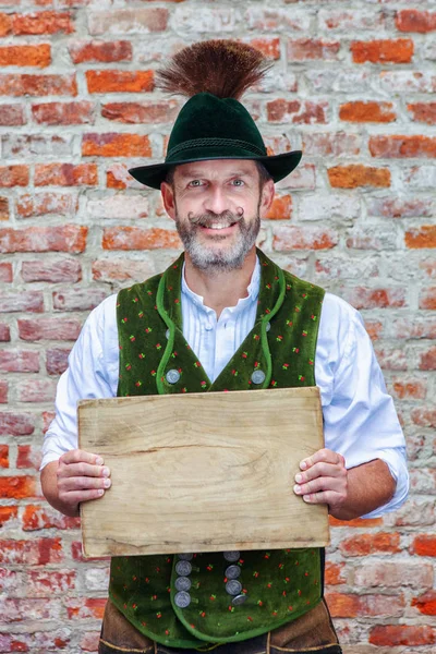 Handsome Bavarian Man Holding Wooden Plank His Hands — Stock Photo, Image