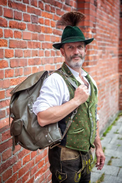 Portrait Handsome Bavarian Man Standing Backpack — Stock Photo, Image
