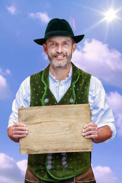 Handsome Bavarian Man Standing Blue Sky Holding Wooden Plank — Stock Photo, Image