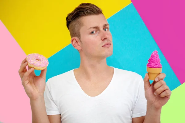 Blond Young Man Holding Donut Icecream Front Colorful Background — Stock Photo, Image