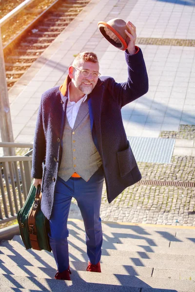 Handsome Man His 50S Greeting Someone Train Station — Stock Photo, Image