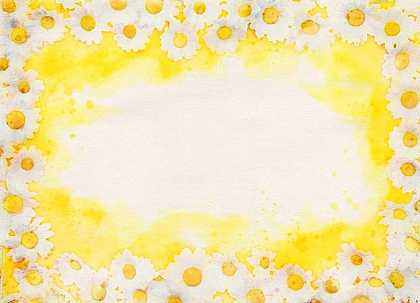 Gele achtergrond met witte mooie madeliefjes — Stockfoto