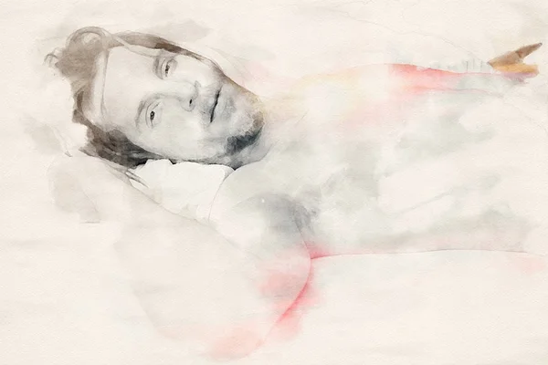 Suluboya yatakta adam çift pozlama — Stok fotoğraf