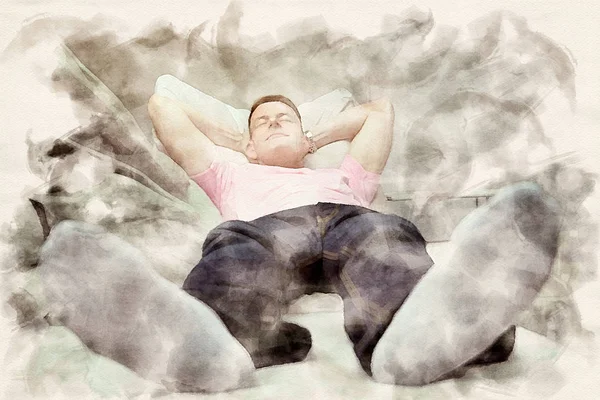 Man sleeping on couch in watercolors — Stock Photo, Image